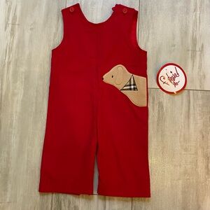 NWT Funtasia Too! Vibrant Red Corduroy Dog Appliqué Longall Romper, boys size 9M